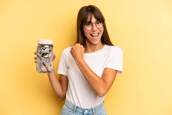 Hispanic Woman Feeling Happy Facing Challenge Celebrating Savings Concept — Stock fotografie