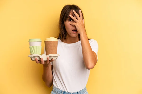 Looking Shocked Scared Terrified Covering Face Hand Take Away Coffees — Stock fotografie