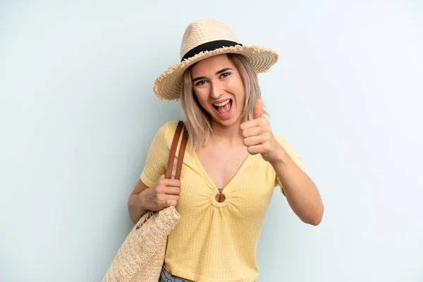 Blonde Woman Feeling Proud Smiling Positively Thumbs Summer Concept — Foto Stock