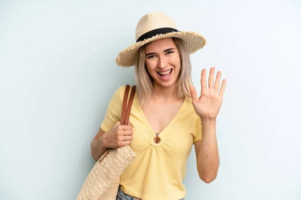 Blonde Woman Smiling Happily Waving Hand Welcoming Greeting You Summer — Fotografia de Stock