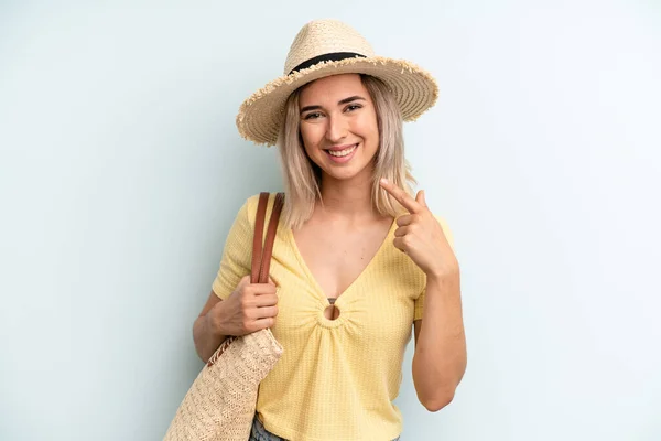 Blonde Woman Smiling Confidently Pointing Own Broad Smile Summer Concept — Zdjęcie stockowe