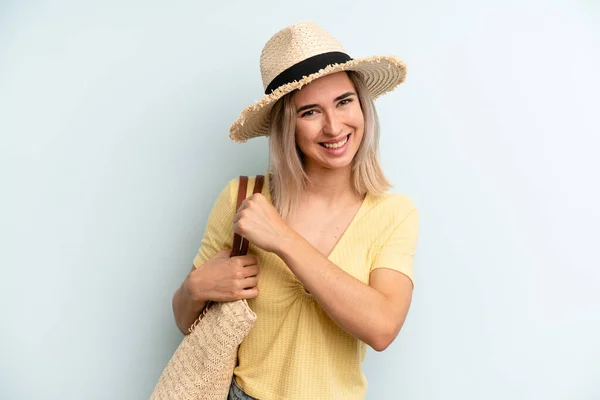 Blonde Woman Feeling Happy Facing Challenge Celebrating Summer Concept — 图库照片