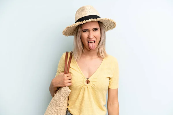 Blonde Woman Feeling Disgusted Irritated Tongue Out Summer Concept — Foto Stock