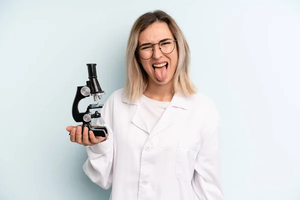 Blonde Woman Cheerful Rebellious Attitude Joking Sticking Tongue Out Scientist —  Fotos de Stock