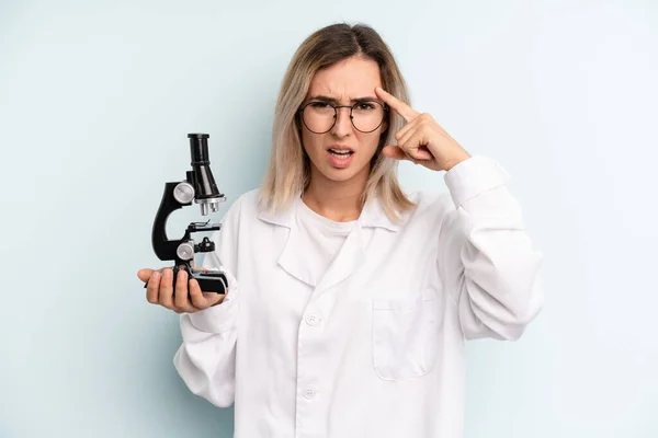 Blonde Woman Feeling Confused Puzzled Showing You Insane Scientist Student — Stockfoto
