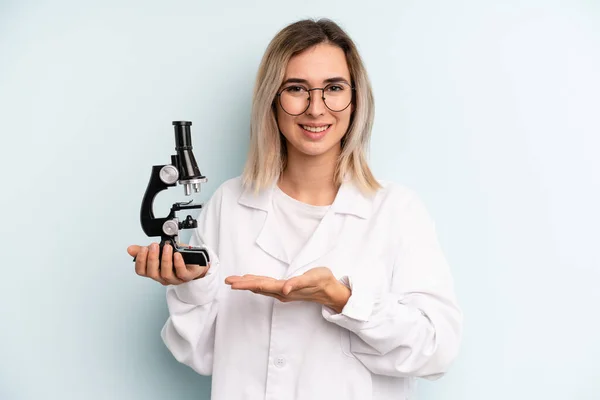 Blonde Woman Smiling Cheerfully Feeling Happy Showing Concept Scientist Student — Stockfoto