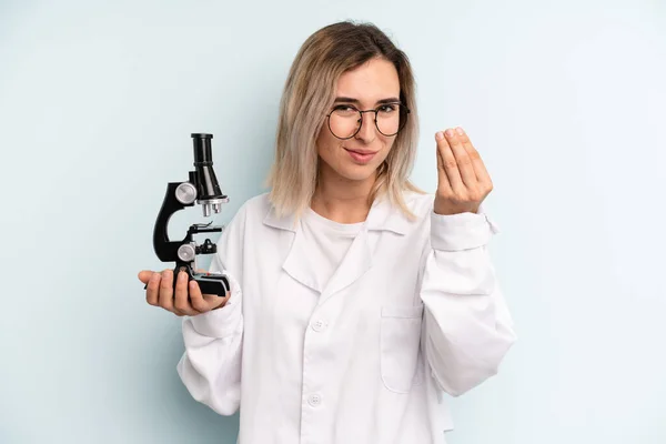 Blonde Woman Making Capice Money Gesture Telling You Pay Scientist — Stockfoto