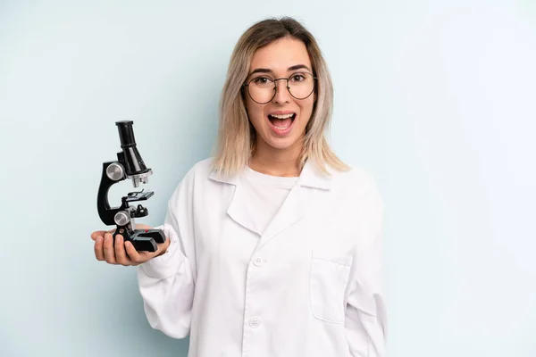 Blonde Woman Looking Happy Pleasantly Surprised Scientist Student Concept — Foto Stock