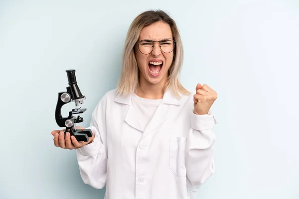 Blonde Woman Shouting Aggressively Angry Expression Scientist Student Concept — Stok fotoğraf