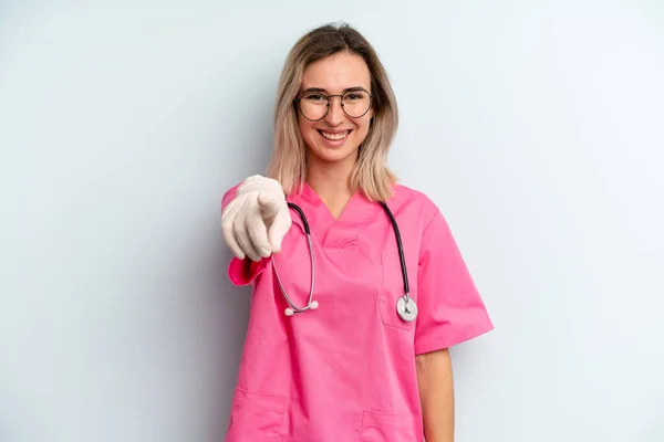 Blonde Woman Pointing Camera Choosing You Nurse Concept — 图库照片