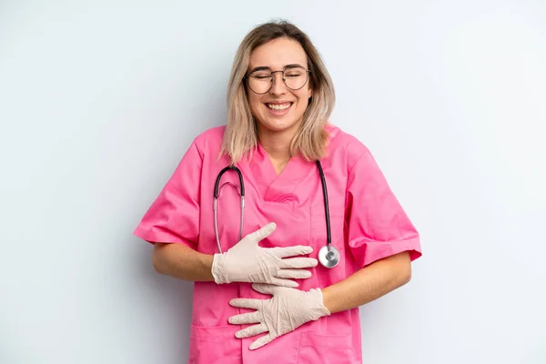 Blonde Woman Laughing Out Loud Some Hilarious Joke Nurse Concept — Stockfoto