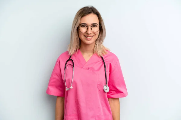 Blonde Woman Looking Happy Pleasantly Surprised Nurse Concept — Stock Photo, Image