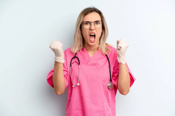 Blonde Woman Shouting Aggressively Angry Expression Nurse Concept — Zdjęcie stockowe