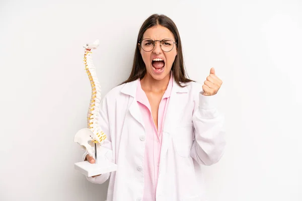 Pretty Woman Shouting Aggressively Angry Expression Spine Specialist Concept — Stockfoto