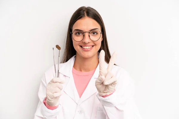 Pretty Woman Smiling Looking Happy Gesturing Victory Peace Dentist Concept — Stockfoto