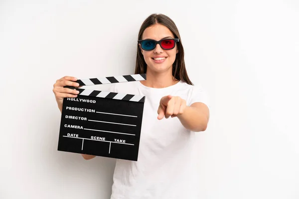 Pretty Woman Pointing Camera Choosing You Movie Film Concept — Stockfoto