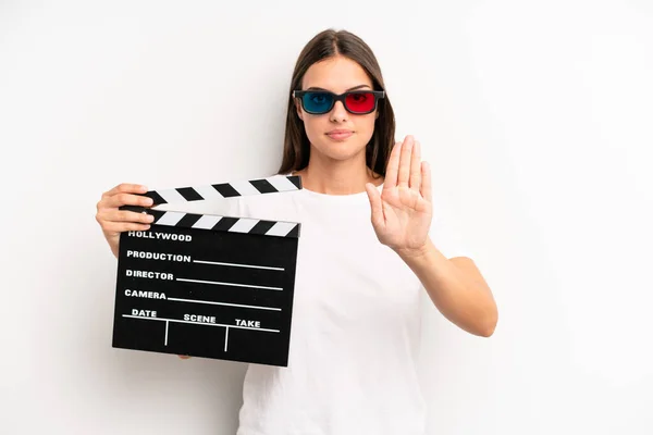 Pretty Woman Looking Serious Showing Open Palm Making Stop Gesture — Stockfoto