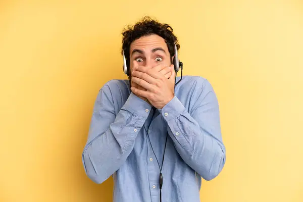 Young Man Covering Mouth Hands Shocked Telemarketer Concept — Stock Photo, Image