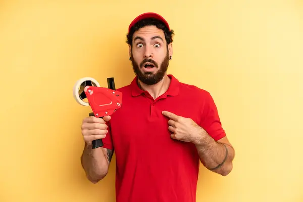 Young Man Looking Shocked Surprised Mouth Wide Open Pointing Self — Stock Photo, Image