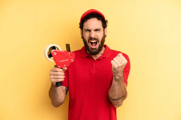Young Man Shouting Aggressively Angry Expression Company Employee Concept — Stock Photo, Image