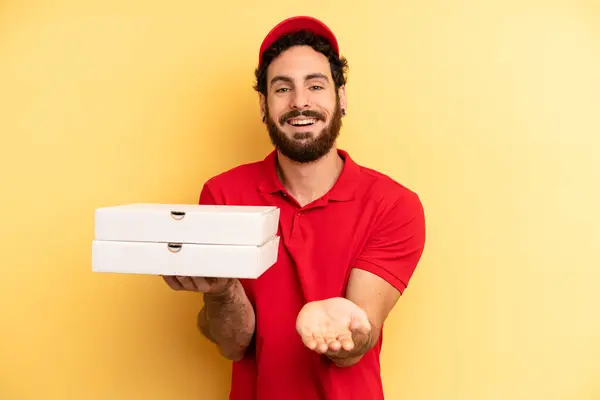 Young Man Smiling Happily Friendly Offering Showing Concept Pizza Delivery — Stock Photo, Image