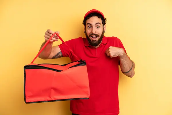 Young Man Feeling Happy Pointing Self Excited Pizza Delivery Concept — Stock Photo, Image
