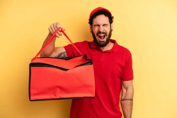 Young Man Shouting Aggressively Looking Very Angry Pizza Delivery Concept — Stock Photo, Image