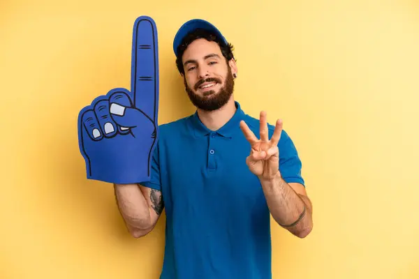 Young Man Smiling Looking Friendly Showing Number Three One Hand — Stock Photo, Image
