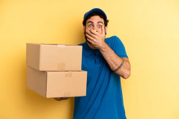 Young Man Covering Mouth Hands Shocked Company Employee Concept — Stock Photo, Image