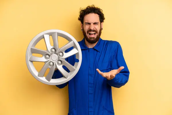 Young Man Looking Angry Annoyed Frustrated Car Mechanic Concept — Stock Photo, Image