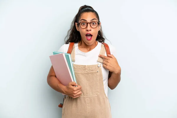 Hispanic Woman Looking Shocked Surprised Mouth Wide Open Pointing Self — Stock Photo, Image