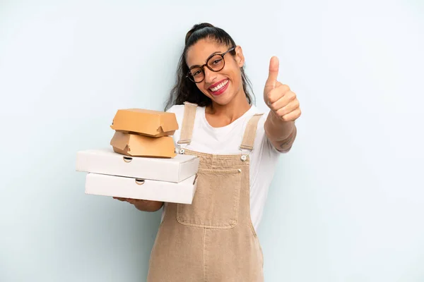 Hispanic Woman Feeling Proud Smiling Positively Thumbs Fast Food Take — Stock Photo, Image