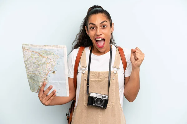 Hispanic Woman Feeling Shocked Laughing Celebrating Success Tourist Map — 스톡 사진