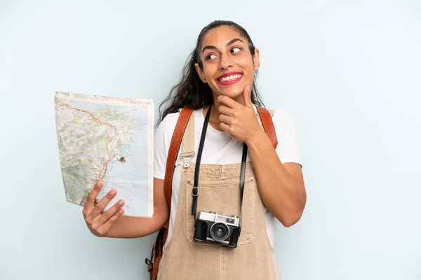 Hispanic Woman Smiling Happy Confident Expression Hand Chin Tourist Map — Fotografia de Stock