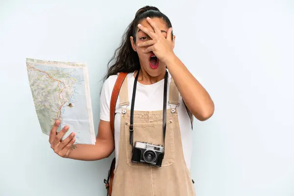 Hispanic Woman Looking Shocked Scared Terrified Covering Face Hand Tourist - Stock-foto