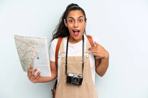 Hispanic Woman Feeling Happy Pointing Self Excited Tourist Map — Fotografia de Stock