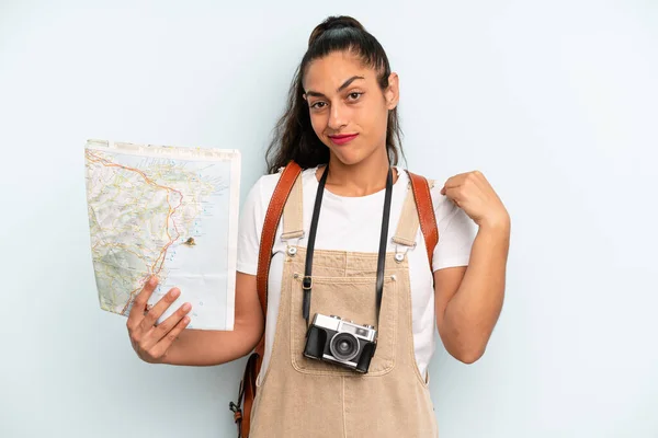 Hispanic Woman Looking Arrogant Successful Positive Proud Tourist Map — Fotografia de Stock