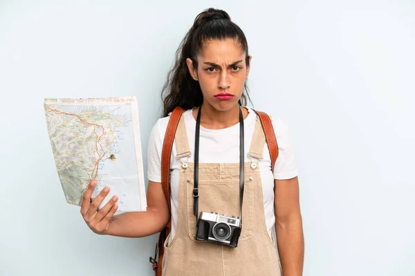 Hispanic Woman Feeling Sad Whiney Unhappy Look Crying Tourist Map — Fotografia de Stock