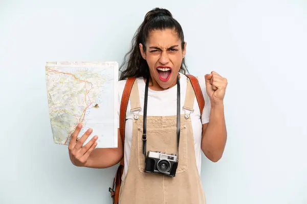 Hispanic Woman Shouting Aggressively Angry Expression Tourist Map — Fotografia de Stock