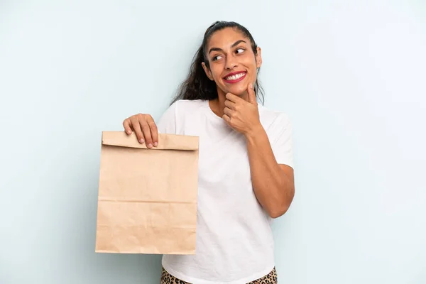 Hispanic Woman Smiling Happy Confident Expression Hand Chin Take Away —  Fotos de Stock