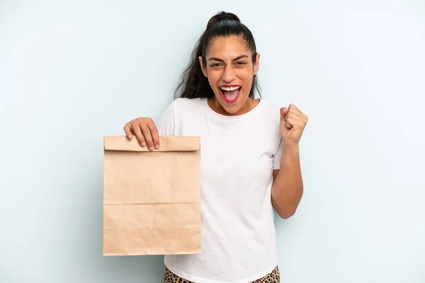 Hispanic Woman Feeling Shocked Laughing Celebrating Success Take Away Concept —  Fotos de Stock