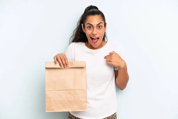 Hispanic Woman Feeling Happy Pointing Self Excited Take Away Concept —  Fotos de Stock