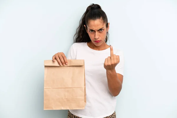Hispanic Woman Feeling Angry Annoyed Rebellious Aggressive Take Away Concept — Fotografia de Stock