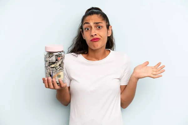 Hispanic Woman Feeling Puzzled Confused Doubting Savings Concept — Stockfoto