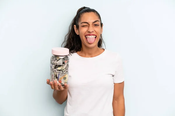 Hispanic Woman Cheerful Rebellious Attitude Joking Sticking Tongue Out Savings — Foto Stock
