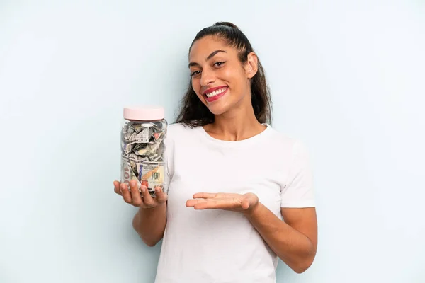 Hispanic Woman Smiling Cheerfully Feeling Happy Showing Concept Savings Concept — Foto Stock
