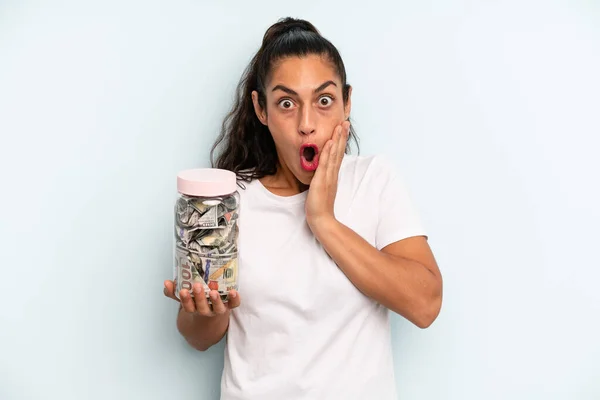 Hispanic Woman Feeling Shocked Scared Savings Concept — Stok fotoğraf