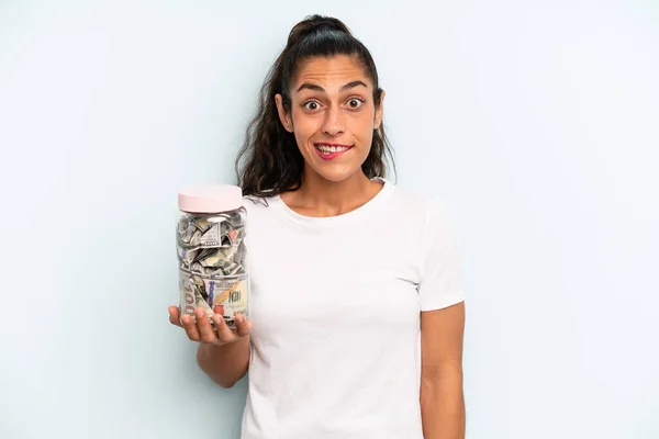 Hispanic Woman Looking Puzzled Confused Savings Concept — Foto Stock