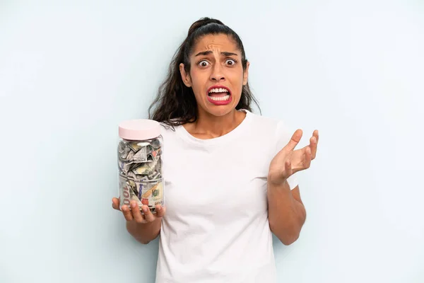 Hispanic Woman Looking Desperate Frustrated Stressed Savings Concept — Stockfoto
