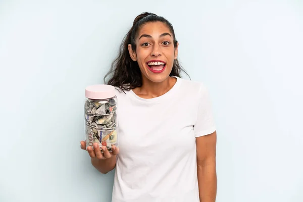 Hispanic Woman Looking Happy Pleasantly Surprised Savings Concept — Foto Stock